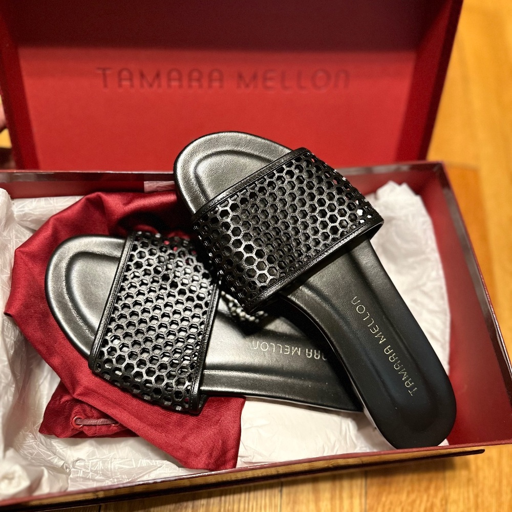 Tamera Mellon Glide Capretto Black Leather Slide Sandal Size 36